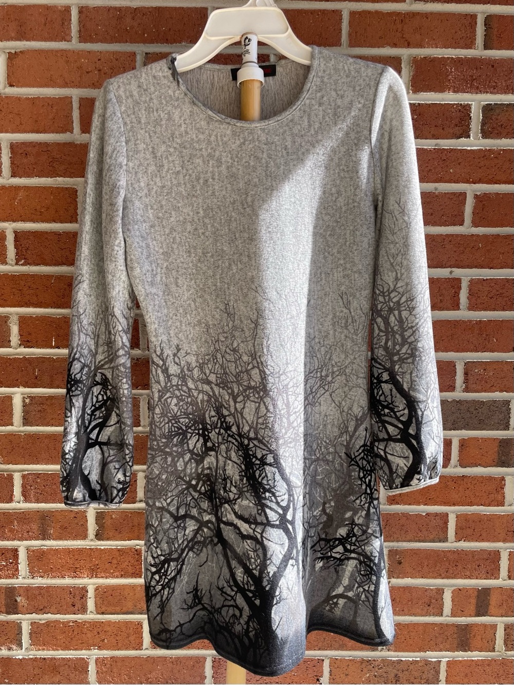 Gray Long-Sleeve Tree-Detail A-Line Dress